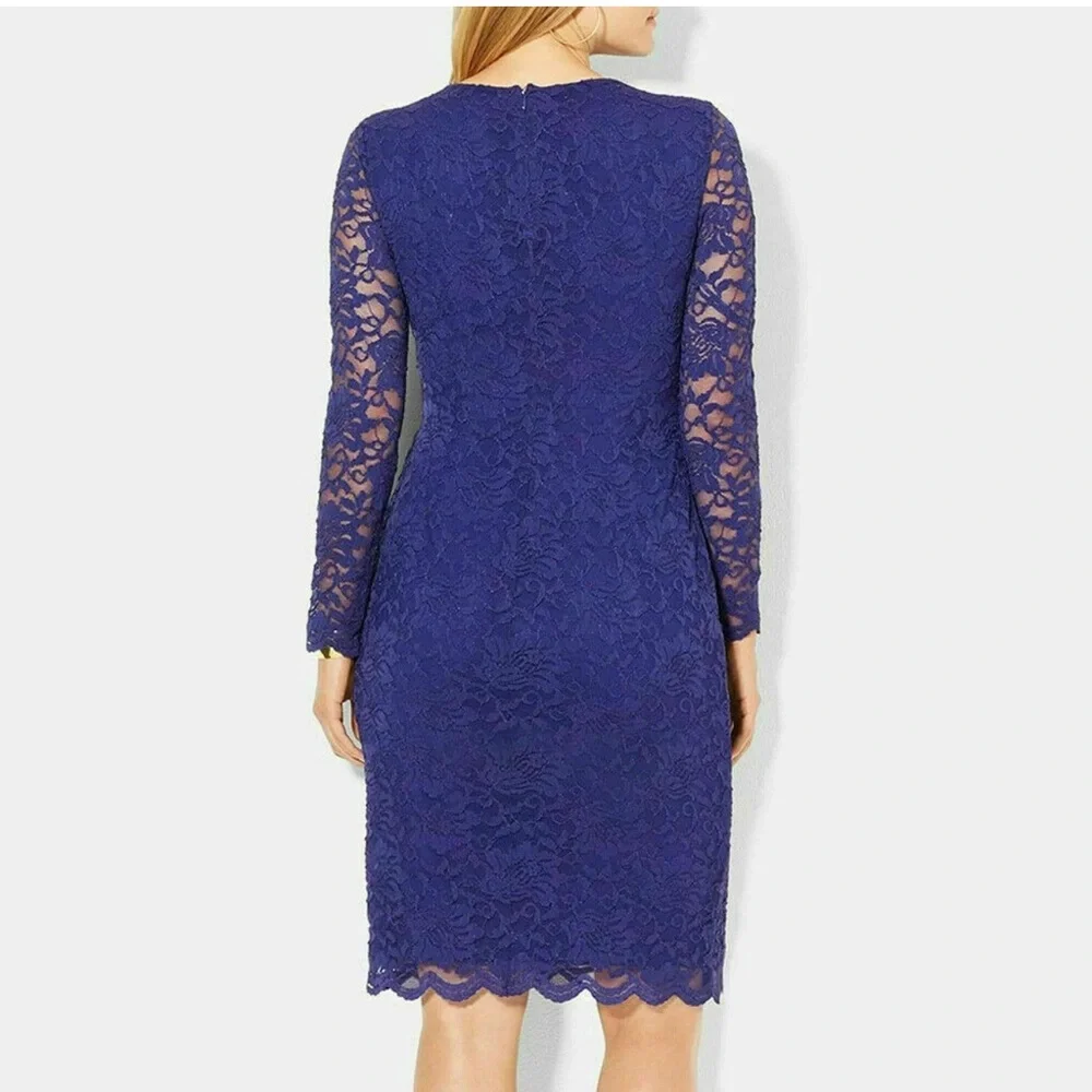 RALPH LAUREN Blue Stretch Floral Lace Sheath Scallop Trim Dress Size 10 - Picture 2 of 10